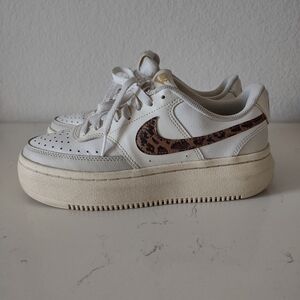 Nike Women’s White Platform Sneakers with Leopard Swoosh